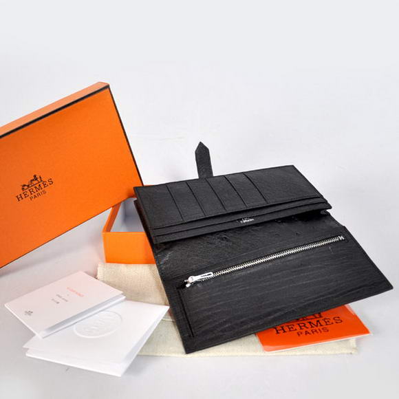 High Quality Hermes Bearn Japonaise Ostrich Leather BI-Fold Wallet H208 Black Fake - Click Image to Close